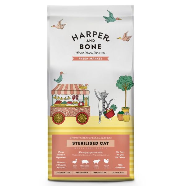 Harper and Bone Cat Sterilised čerstvé z trhu 5 kg, superprémiové krmivo pro dospělé kastrované kočky s kachnou, vepřovým, jehněčím a krůtou