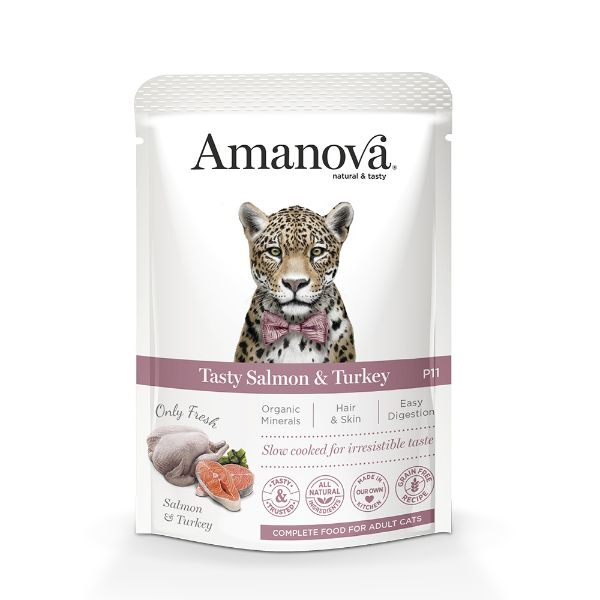 Amanova cat salmon & turkey, losos s krůtou, kompletní mokré krmivo pro dospělé kočky, superprémiové, bezlepkové