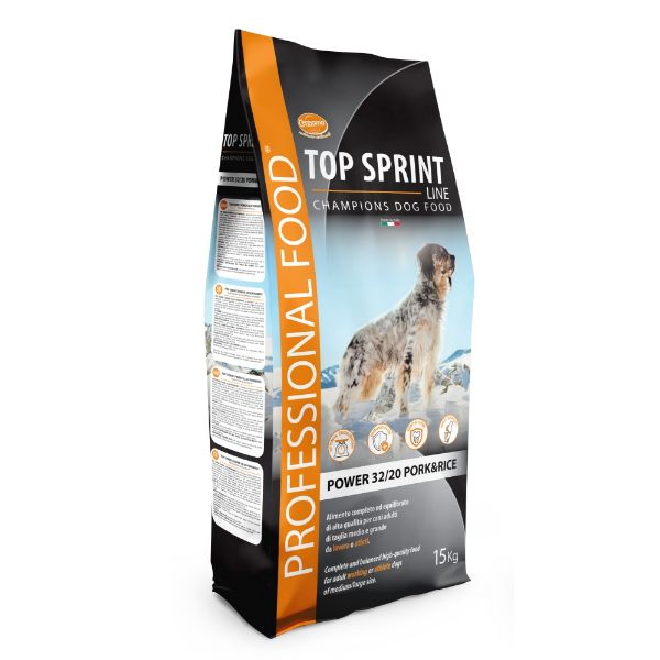 Top Sprint power pork & rice, kompletní krmivo pro pracovní a sportovní psy v údržbě, s vepřovým a rýží