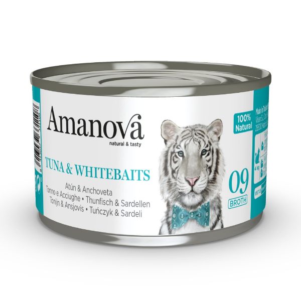 Amanova cat tuna & whitebaits, tuňák and whitebaits ve vývaru, doplňkové krmivo pro kočky, superprémiové, bezlepkové