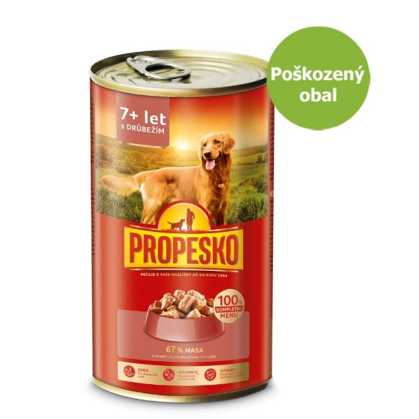 PROPESKO konzerva pro psy, kompletní mokré krmivo pro seniory psy s drůbežím a mrkví v omáčce